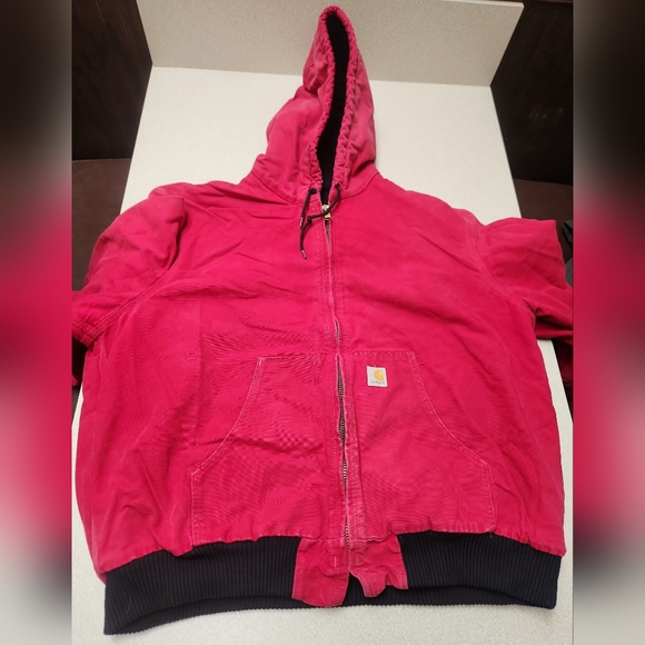 VTG Carhartt Red Mens J140 Canvas Hooded Zip Up Workwear Jacket 2XL Quilted
